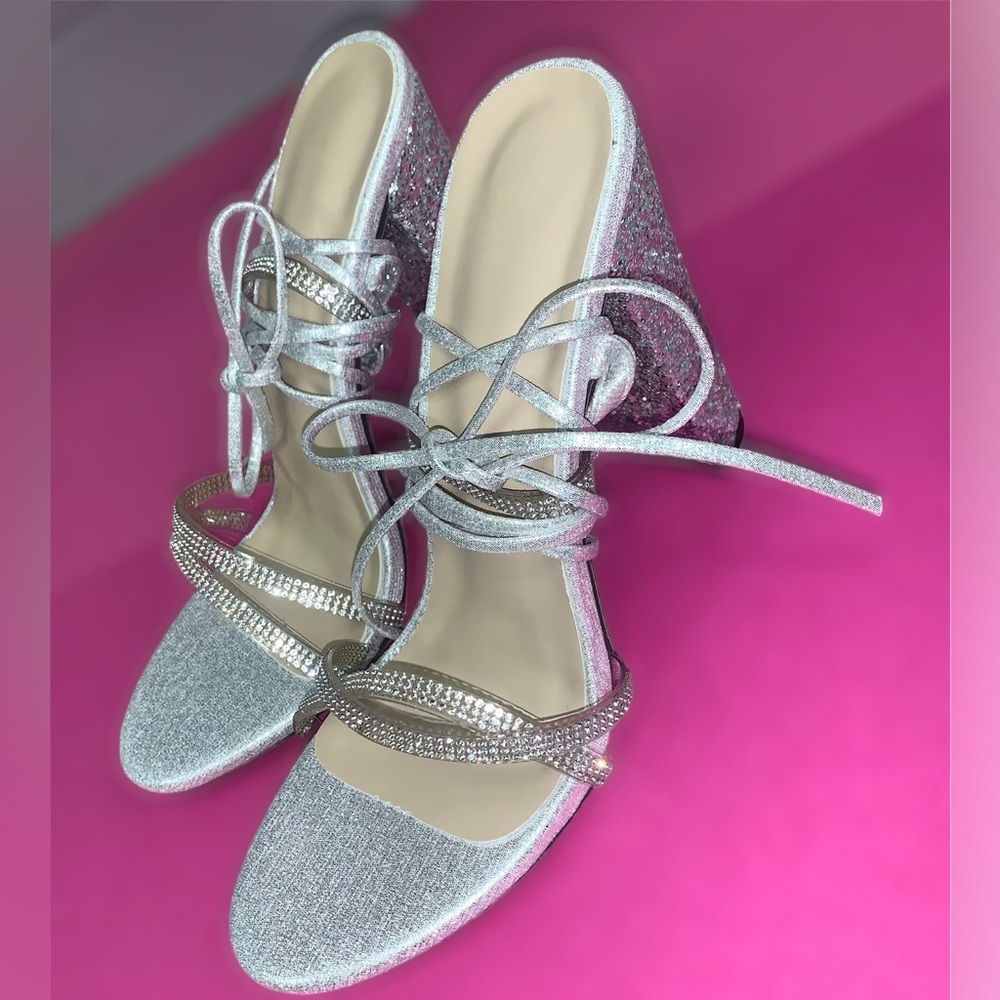 Silver glitter laced up heels